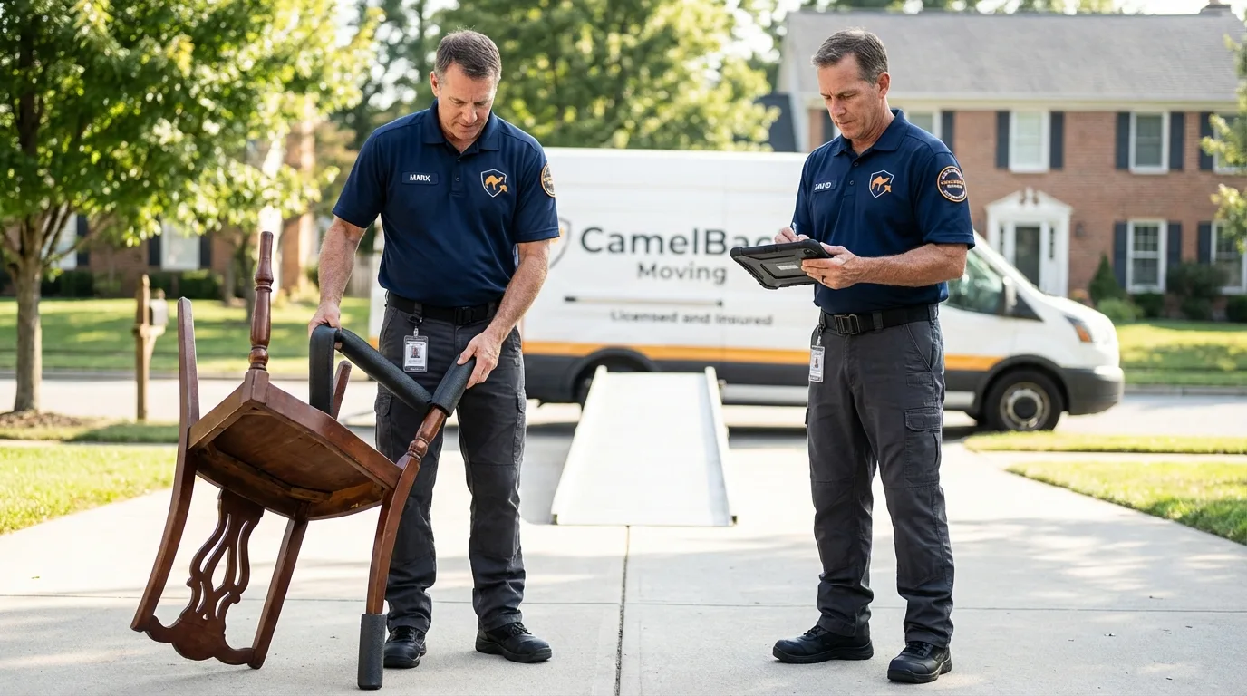 Movers inspecting furniture for damage prevention before loading in Spring Hill, FL