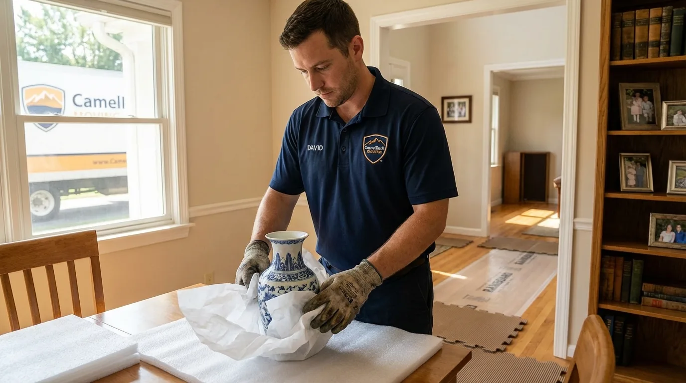 Professional crew carefully wrapping antique vase for senior downsizing move in Spring Hill, FL